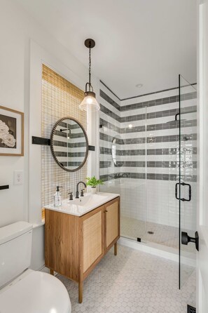 Shower, hair dryer, towels