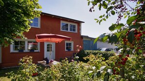 A red house with a white door, a patio with a red umbrella, and a garden with various plants and berries.