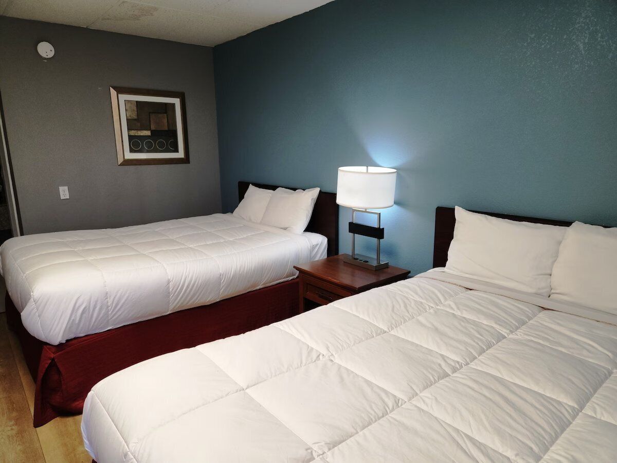 A hotel room with two beds, a bedside table with a lamp, and a framed picture on the wall.