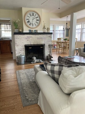Smart TV, fireplace, books