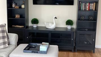 TV connectée, cheminée, livres