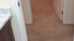 A hallway with a carpeted floor, a white door, and a small window.