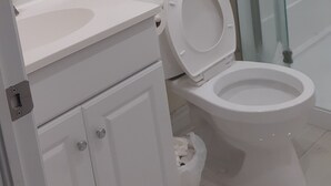 A bathroom with a toilet, sink, and glass shower enclosure.