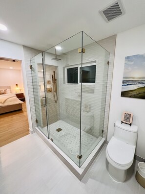 Douche, séchoir à cheveux, serviettes fournies, savon