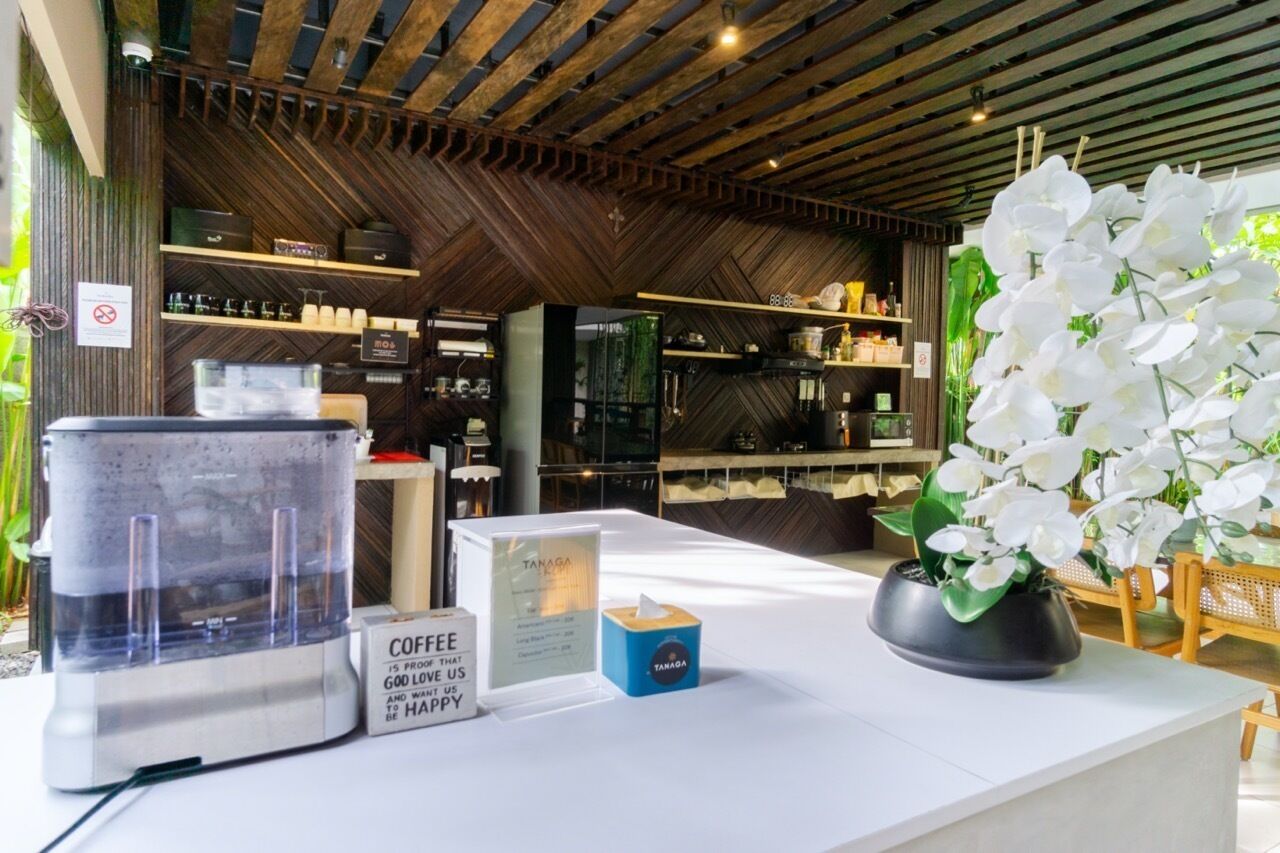 A modern coffee shop interior with a coffee machine, a sign with a quote, and a display of white orchids.