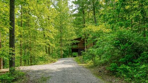 A gravel path leading to a wooden cabin in a forest. - Minutes to Caves - 2 KINGS. Hot Tub. Games. Firepit. Close to Everything (Logan)