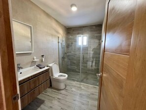 A modern bathroom with a shower, toilet, and sink. - Punta Cana - Villa El Encanto (Punta Cana)