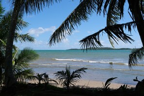 On the beach, sun loungers