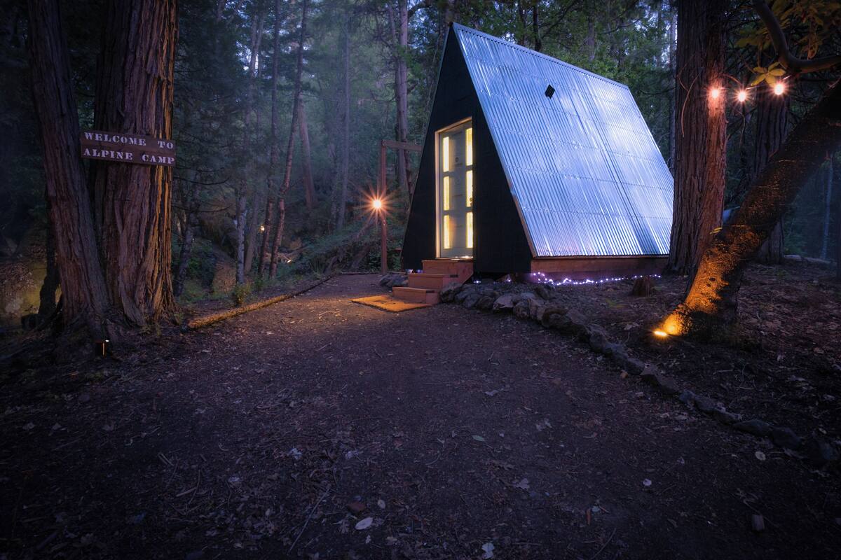 A cabin with a sloped roof, surrounded by trees, and a sign welcoming visitors to Alpine Camp.