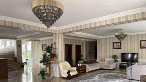 Un salón amplio con una gran araña, un televisor y una alfombra estampada.