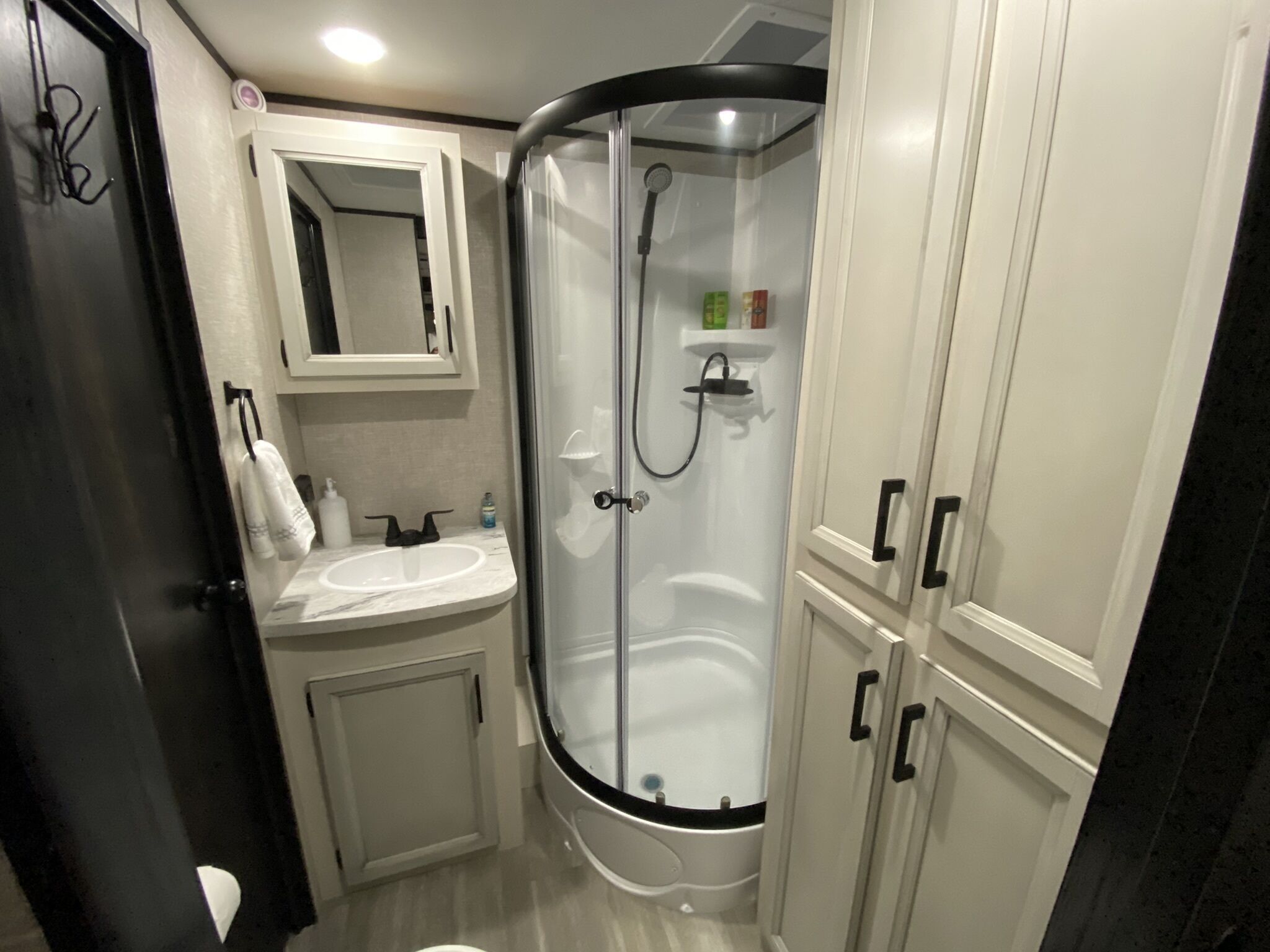Shower, towels, soap, shampoo