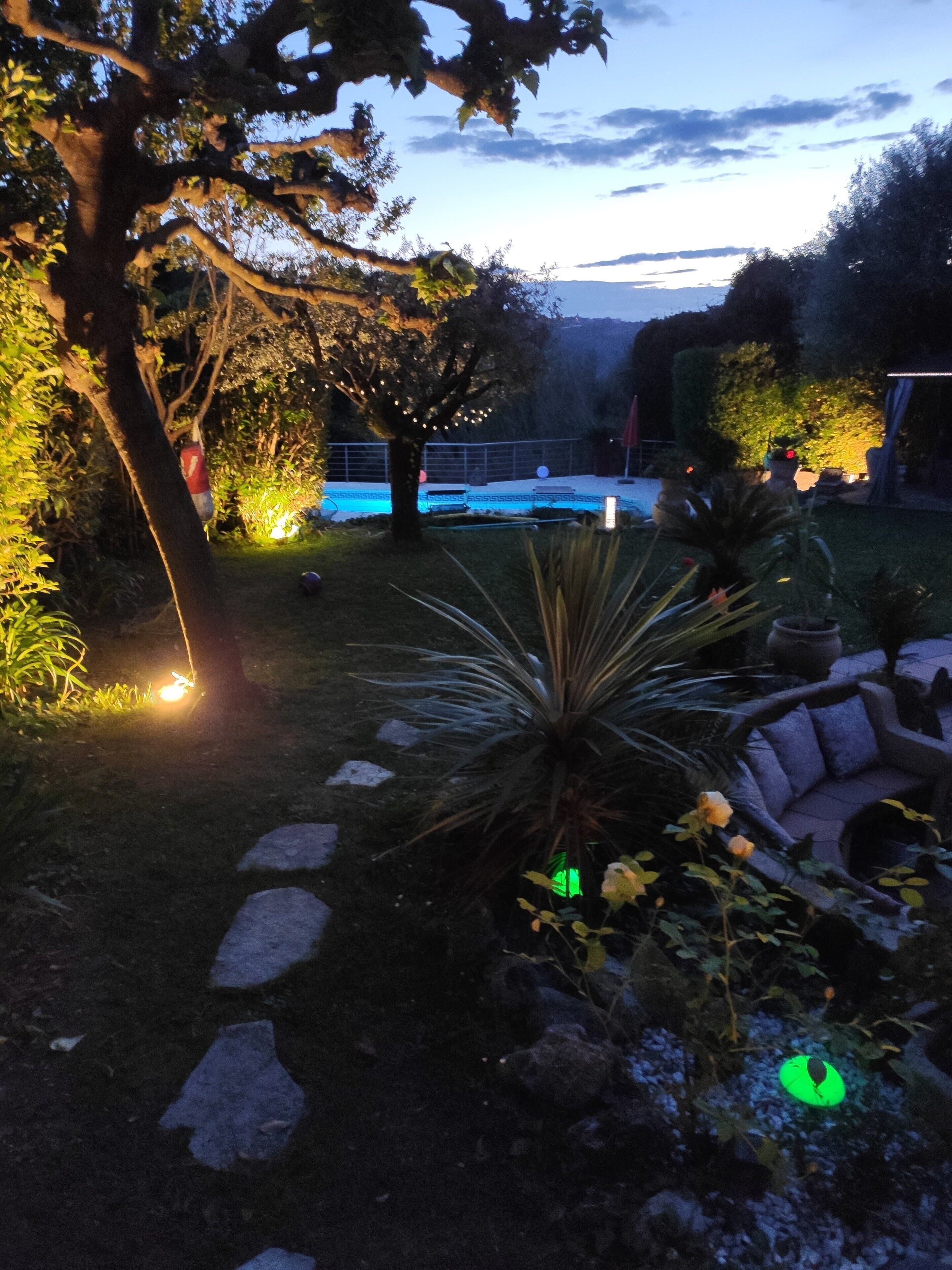 A garden with a pool, stone pathway, and outdoor seating area.
