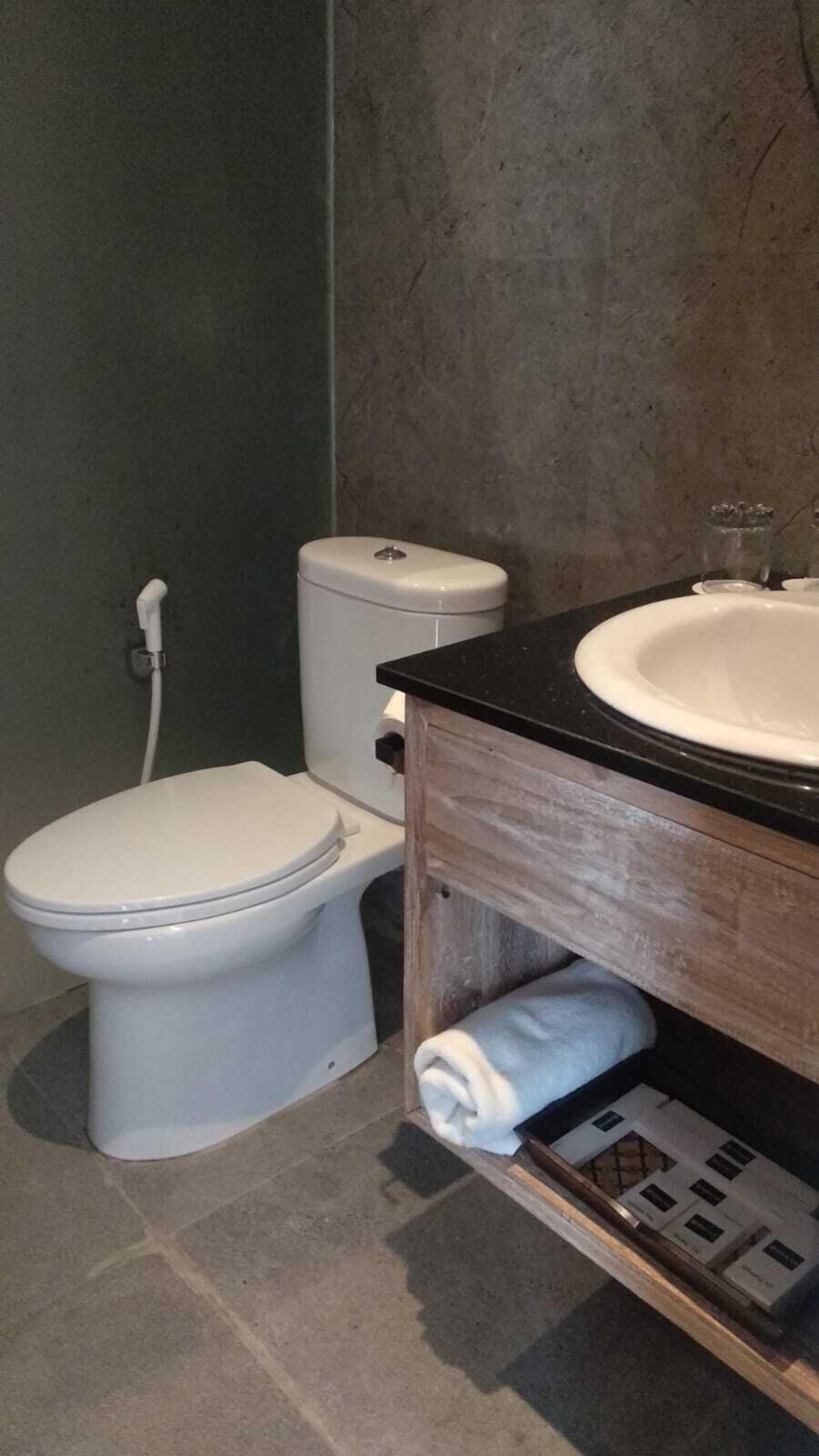 A bathroom with a toilet, a sink, and a towel rack.