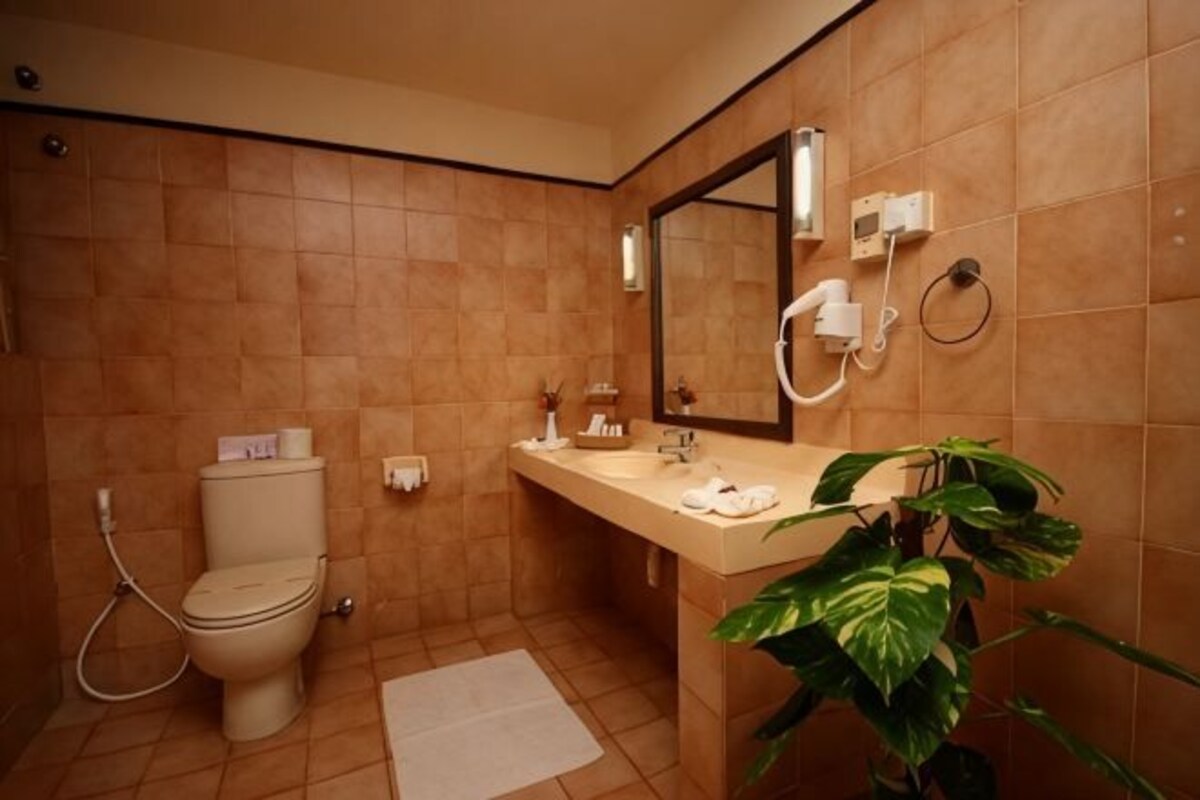 Un baño con inodoro, lavabo, espejo y una planta.