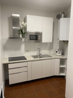 Kühlschrank, Mikrowelle, Herdplatte, Wasserkocher mit Kaffee-/Teezubehör