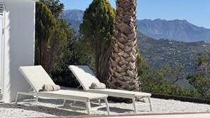 Una piscina con borde de mosaicos, dos sillas reclinables blancas, una palmera y montañas al fondo.