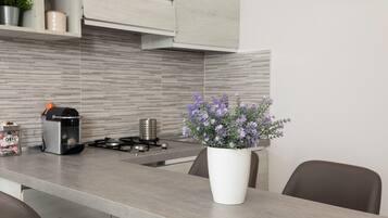 Fridge, microwave, stovetop, coffee/tea maker