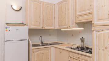 Fridge, stovetop, dishwasher, coffee/tea maker