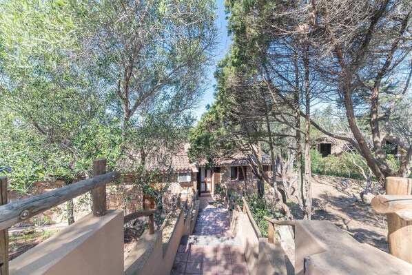 Un pont en bois menant à un bâtiment rustique, entouré d’arbres.
