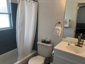 Hair dryer, towels, toilet paper