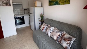 A compact living space with a kitchenette, a grey sofa with patterned cushions, a painting of a beach scene, and a vase with flowers.