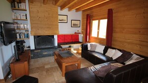 A cozy living room with a fireplace, wooden walls, a leather sofa, and a bookshelf filled with books and DVDs.