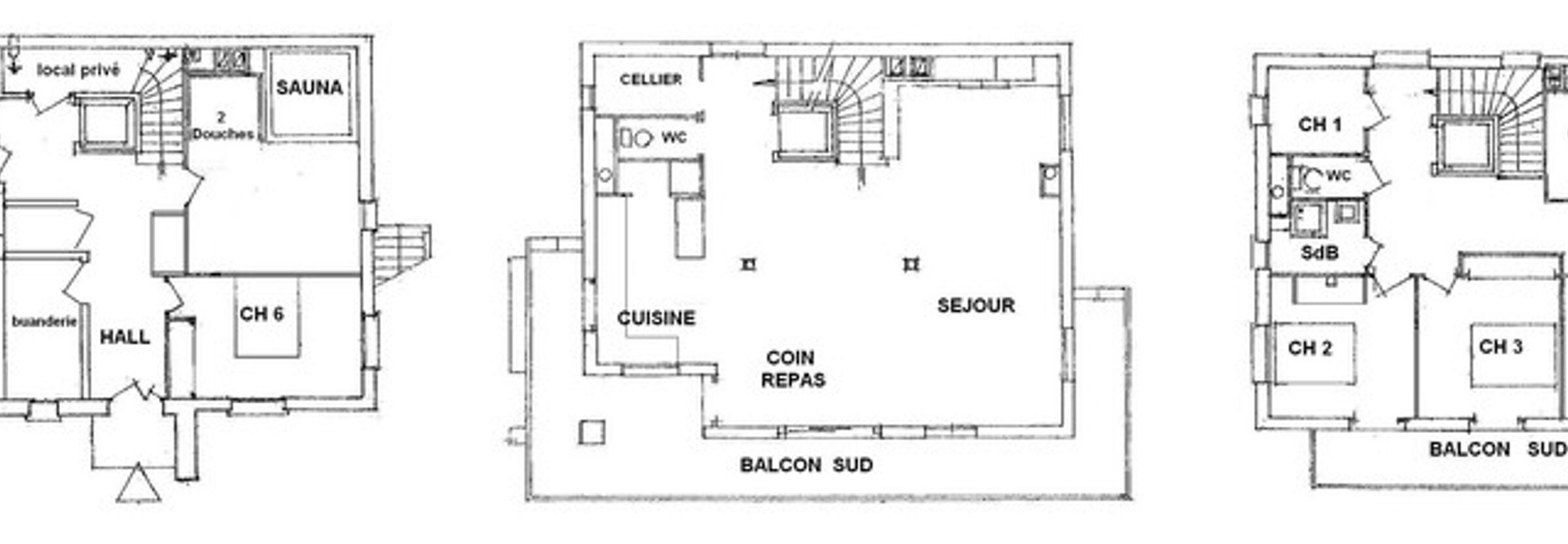 Three floor plans of a hotel with a sauna, a dining area, and a balcony.