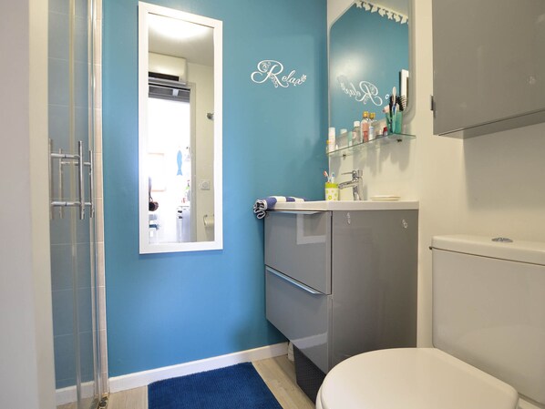 A bathroom with a blue wall, a white toilet, a sink with a mirror, and a shower area. - Charming house with private terrace, near beach and shops (La Palmyre)