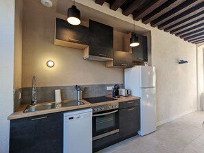 Fridge, microwave, dishwasher