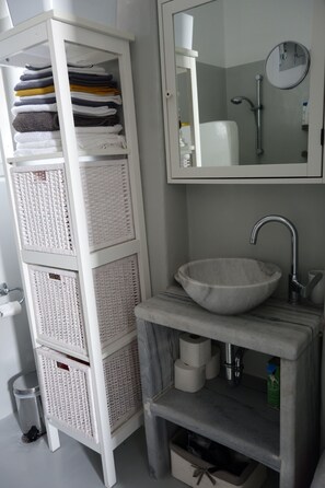Douche, sèche-cheveux, serviettes fournies, papier toilette