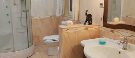 Shower, hair dryer, bidet, towels