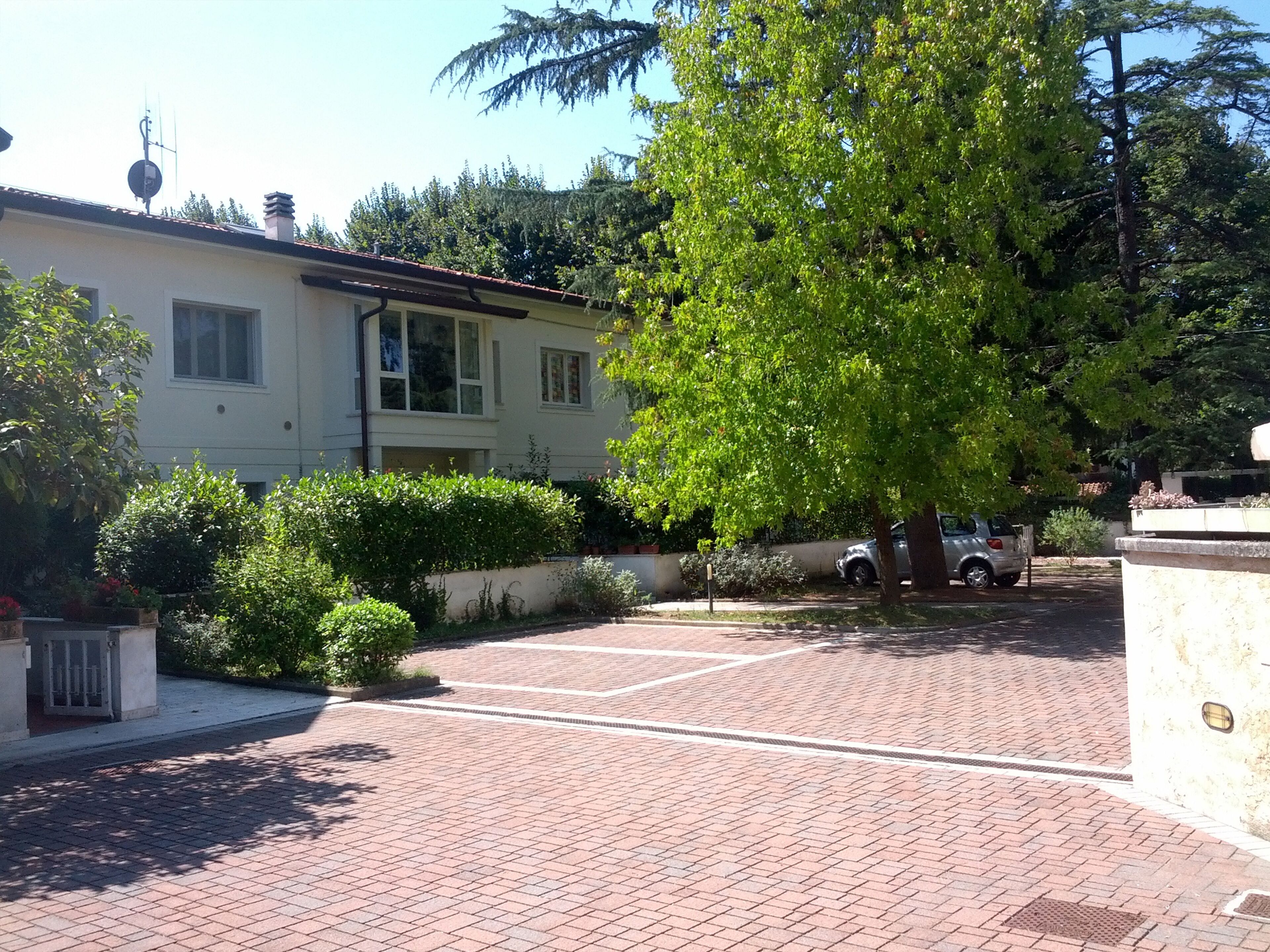 A two-story building with a brick driveway and a tree in front.