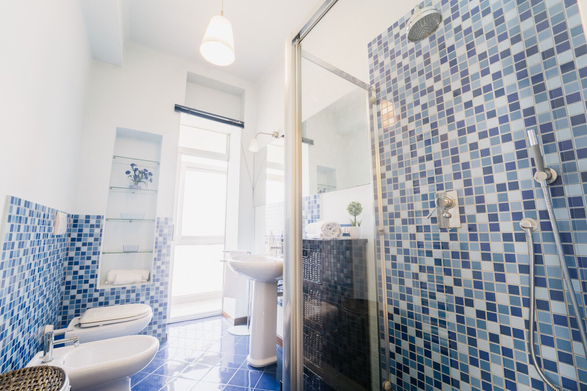Shower, hair dryer, bidet, towels