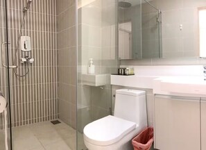 Shower, hair dryer, soap, shampoo