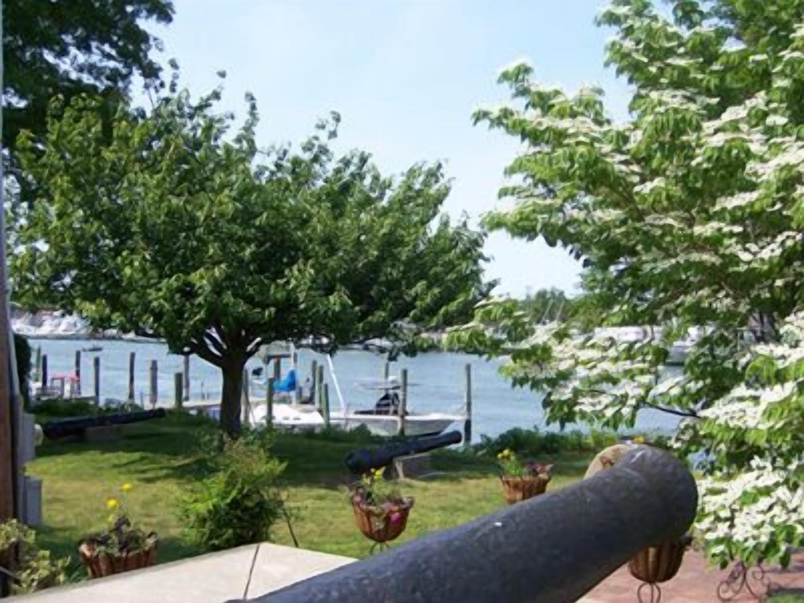 A garden with a large cannon, a swing set, and a body of water in the background.