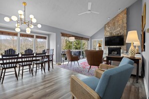 Smart TV, fireplace, table tennis, books