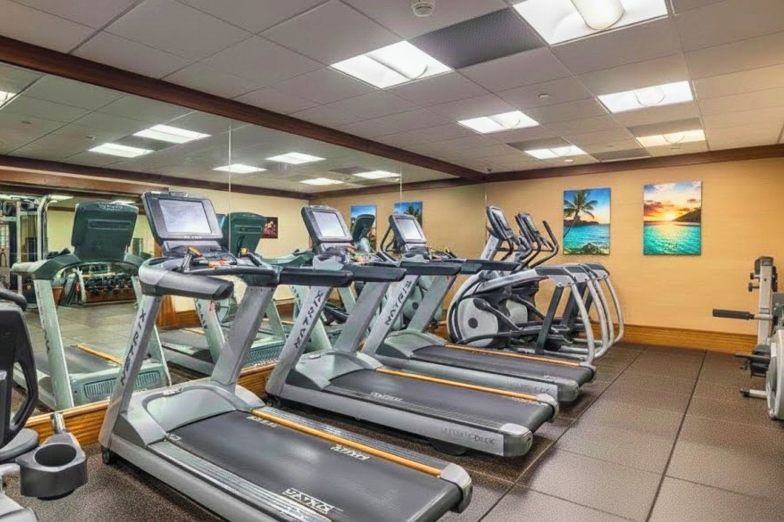 Une salle de sport équipée de tapis de course, de vélos d’appartement et d’un mur recouvert de miroirs.