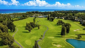 Un campo de golf con un estanque, rodeado de árboles y casas, con vista al océano.