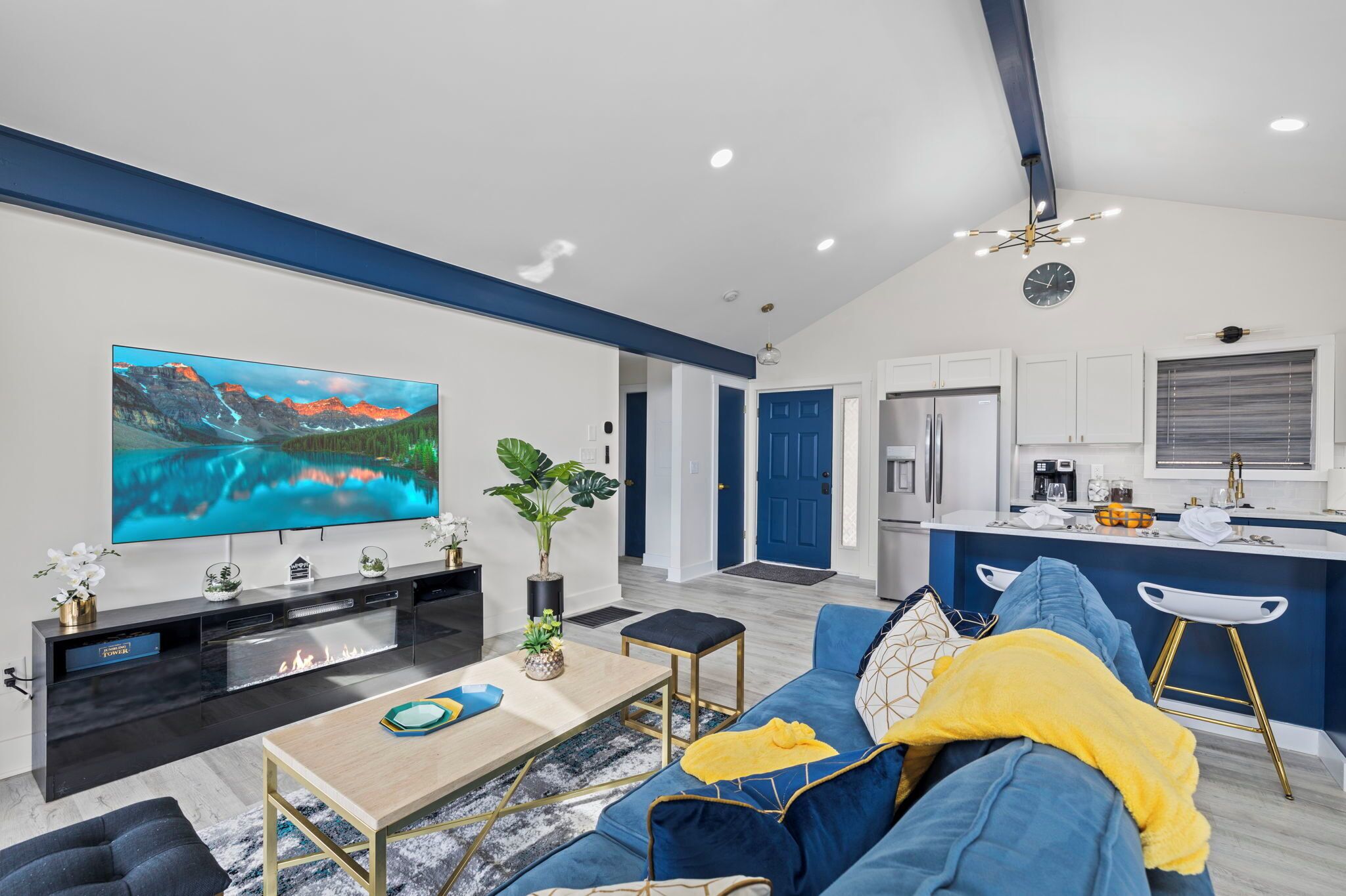 Smart TV, fireplace, table football, books