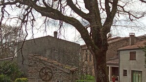 Ein Gebäude aus Stein mit flachem Dach, umgeben von Bäumen und einem kleinen Garten.