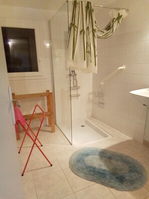 Regadera, secadora de cabello, papel de baño 