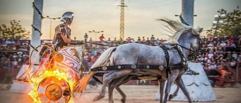 Una persona montando en un carruaje tirado por caballos con una rueda en llamas.