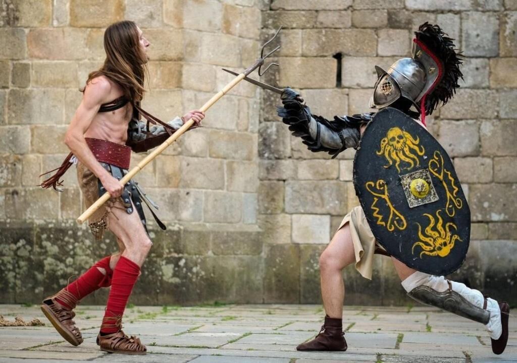 A person in a historical costume with a shield and spear, suggesting a reenactment or themed event.