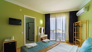 A hotel room with a bed, a TV, a desk, a mirror, a wardrobe, and a balcony with a view.