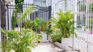 Un patio vallado con plantas en macetas y suelo de baldosas.