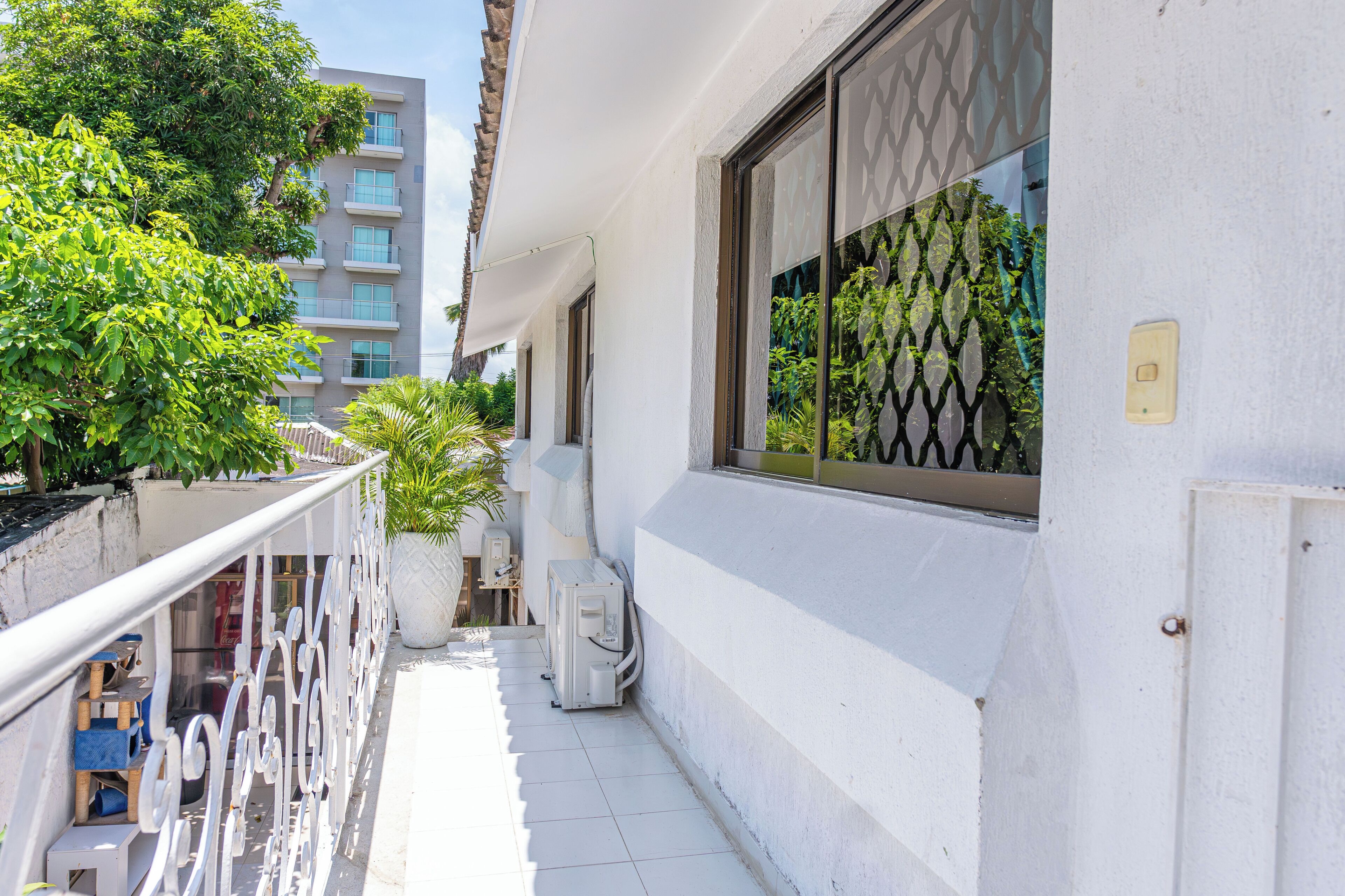 A narrow balcony with a white railing, a potted plant, and a window with a decorative screen.