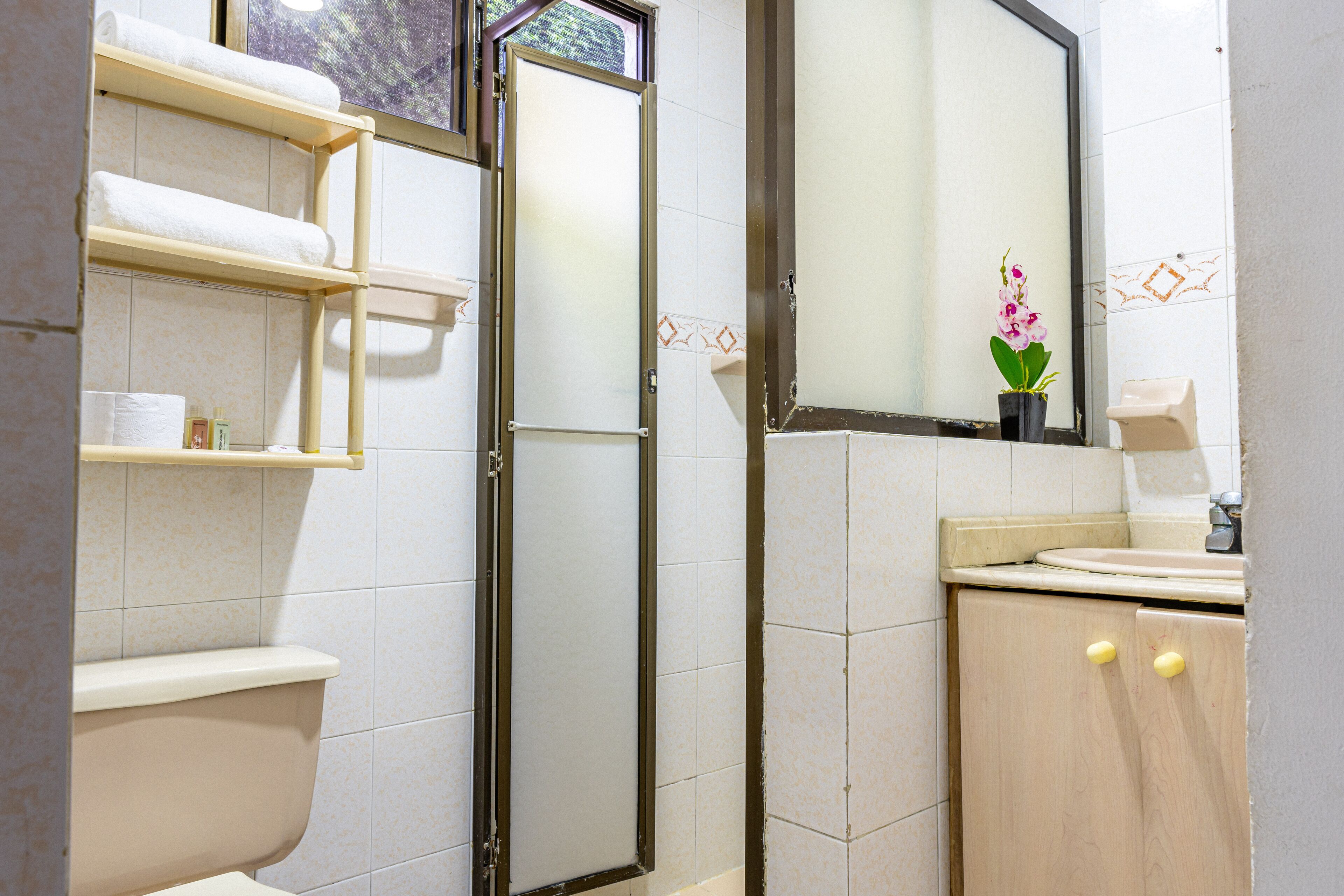 Une salle de bain équipée de toilettes, d’un lavabo, d’un miroir et d’une étagère avec des serviettes.