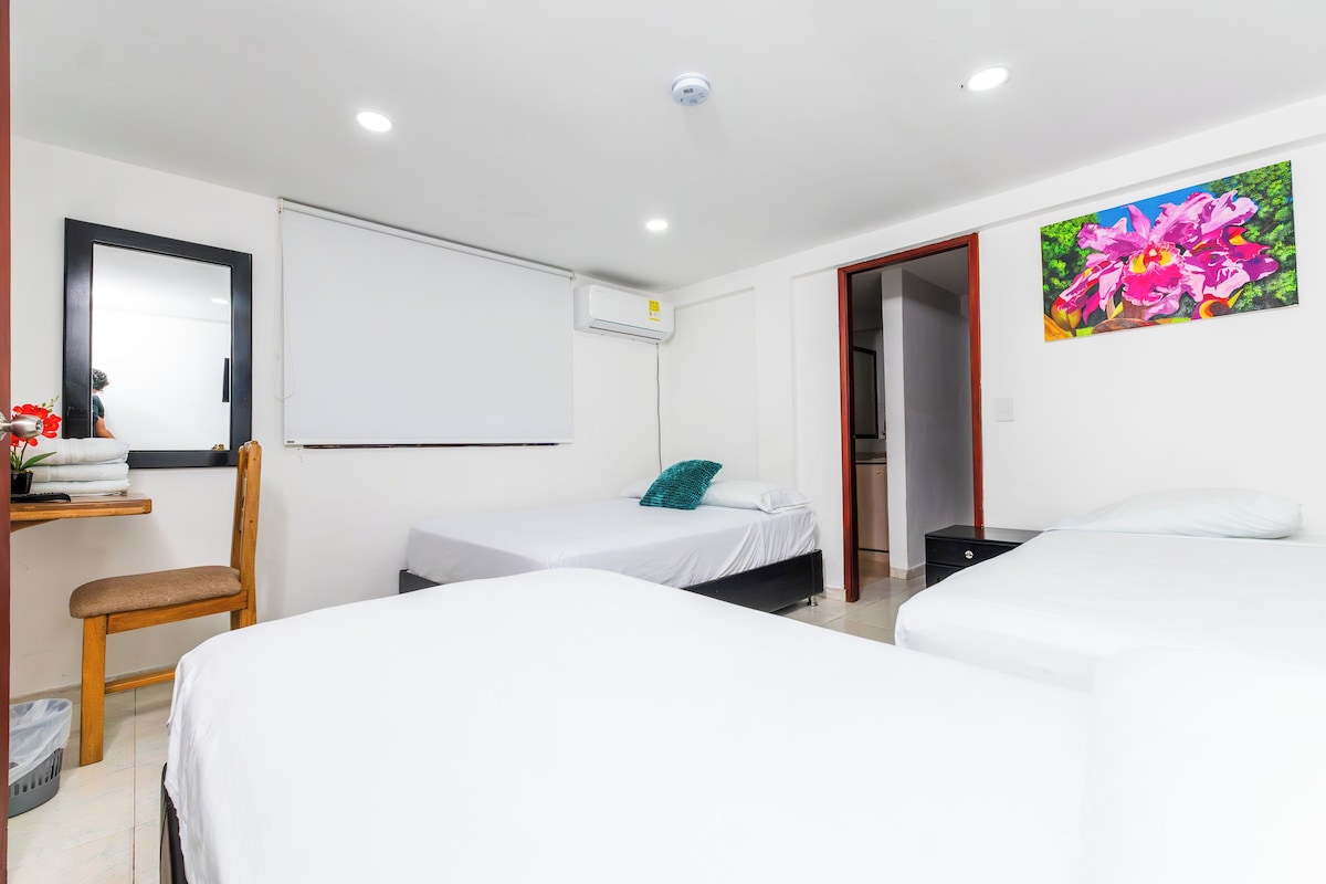 A hotel room with two single beds, a wooden chair, a small table with a plant, and a wall-mounted air conditioner.