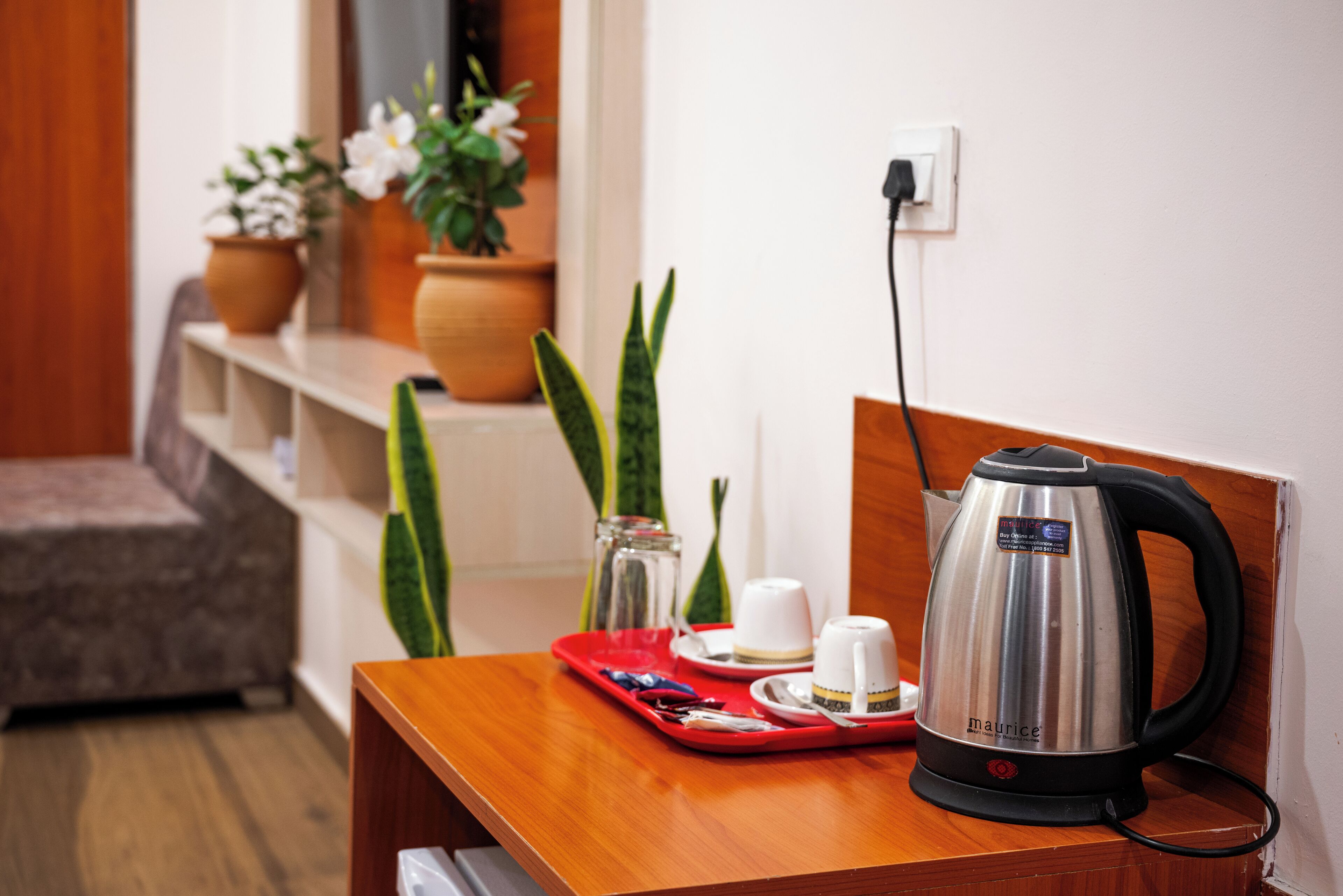 Un coin cuisine avec une bouilloire en acier inoxydable posée sur un plateau rouge, une table en bois et des plantes en pot.
