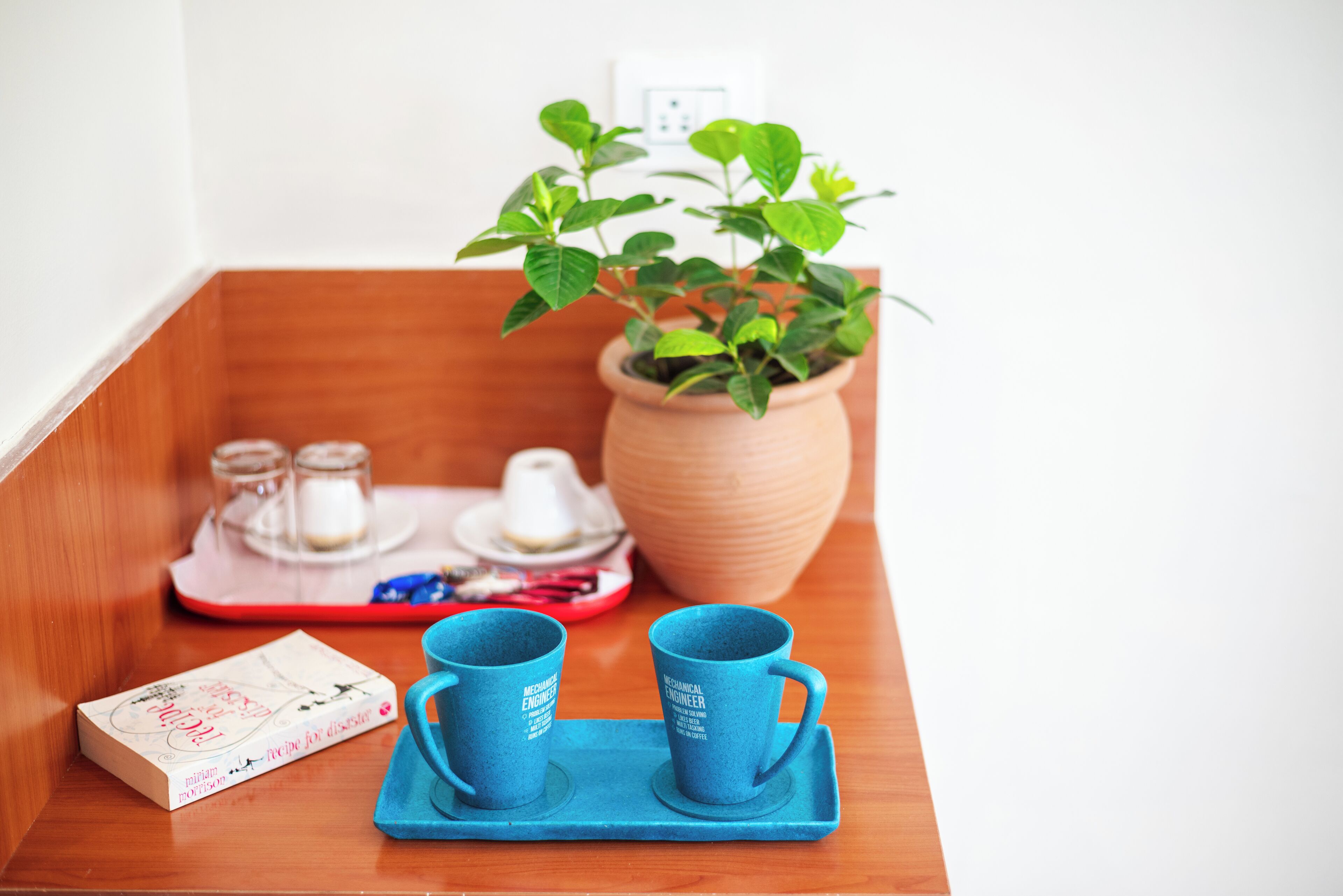 Un safata de fusta amb dues tasses i platets blaus, un llibre i una planta en test sobre una taula de fusta.